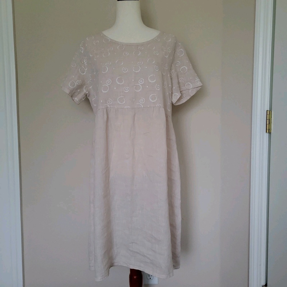 Terzo Millennio Italian 100% Linen Dress Womens M Natural Embroidered Lagenlook